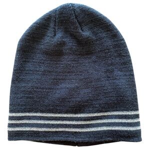 TEK GEAR NAVY BLUE STRIPED KNIT GRAPHIC BEANIE One Size Midnight Blue Grey White